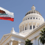 Photo of California flag and state legislature building.